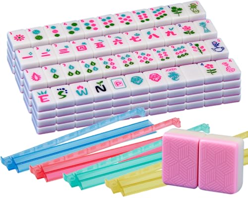 Pink Mahjong Tile Set con 4 soportes y empujadores