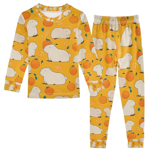 senya Orange Capybara White Pajamas Set Long Sleeve Soft Cotton Sleepwear 2 Piece