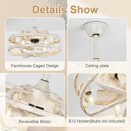 SMLERAY Retro White Caged Ceiling Fan with Lights,6 Speed Farmhouse Ceiling Fan with Reversible Motor, 18'' fandelier Ceiling Fan Light for Bedroom, Kitchen,Living Room… - Image 6