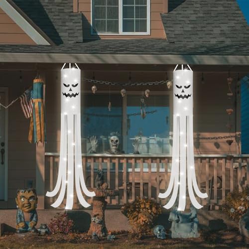 Jocomoni 2Pcs 70.8 Inch Halloween Ghost Windsocks Flag with Lights Halloween Outdoor Hanging Decor for Front Door Yard Patio Garden Party Decor