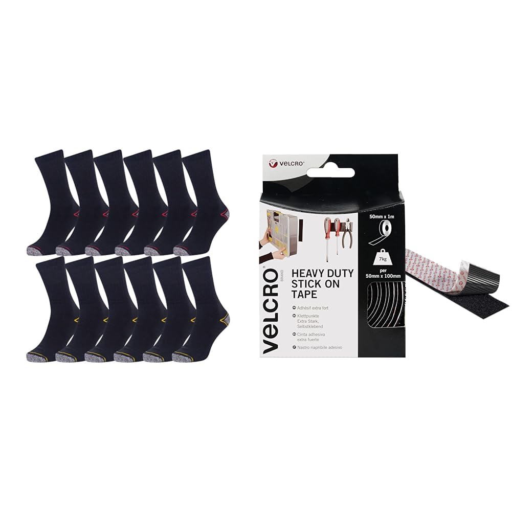 Iron Mountain12 Pairs One Size Men’s Padded Heel and Toe Work sock Heavy Duty (6-11 / EU 39-45) & VELCRO Brand Heavy Duty Stick On Tape Cut-to-Length Industrial Extra Strong Double Sided Hook