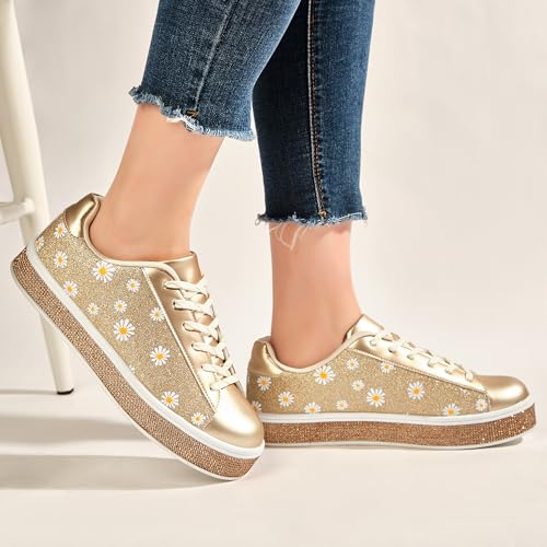 Image of UUBARIS Women's Glitter Tennis Sneakers Neon Dressy Sparkly Sneakers Rhinestone Bling Wedding Bridal Shoes Shiny Sequin Shoes