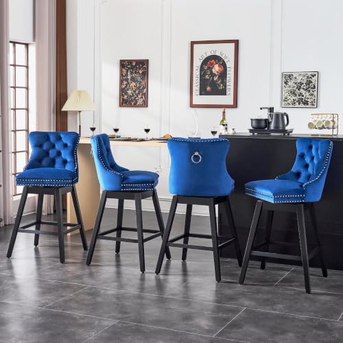 Image of Blue Swivel Bar Stools, Velvet Counter Height Bar Stools Set of 5 | 360 Swivel Bar Chairs, Solid Wood Legs, Upholstered Kitchen Island Stools, Modern Extra Wide Seat (Blue, 30 inch H, 5 Pack)