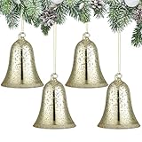 Soaoo 4 Pcs Christmas Glass Hanging Bells Ornaments 4 x 3 Inch Retro Gold Glass...
