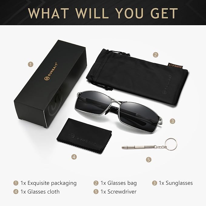Image of SUNGAIT Ultra-Lightweight Polarized Sunglasses Men for Driving Fishing Golf, Rectangular Metal Frame with Spring Hinge