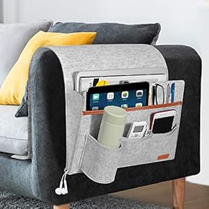 SIMBOOM Sofa Butler Sofa Bett Organizer mit 5 Taschen Hängeaufbewahrung für Handy Tabletten Zeitschriften Gläser Snacks Beutel – Hellgrau