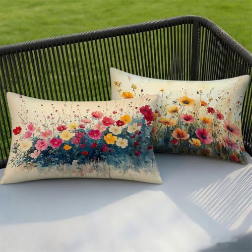 Housse de Coussin 40x60 cm en Lin Imperméable Fleur Moutarde Lot 2
