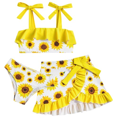Image of ALISISTER Girls Swimsuit 3 Piece Bathing Suits Flounce Bikini Tankini Set Beach Swimwear with Cover Ups Skirt for 3-8 Years