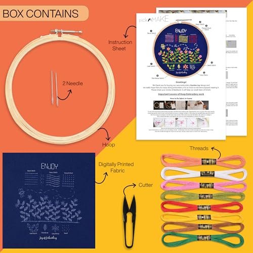 Image of picknMAKE DIY Hand Embroidery Kit for Beginners Adults & Kids - Printed Fabric, Color Threads, Hoop, Cutter & Needle - Garden Joy Theme Art & Craft Kit for Women, Teens, and Beginners