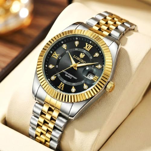 Image of Longbo Trident 83831 Analog Watch with Studded Dial Accents, Stainless Steel Bracelet, Luminous Hands & Date Display | Men | Office, Business, Formal & Gifting