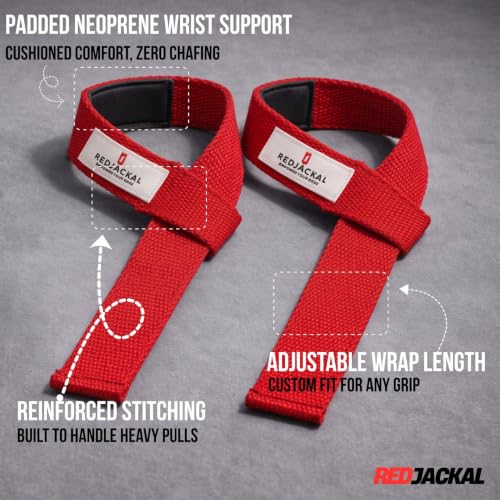 Image of REDJACKAL Single Loop Lifting Straps for Weightlifting - Heavy Duty Padded Cotton Deadlift Straps for Men & Women - Powerlifting, Bodybuilding & Gym Strength Training | 2 Pair Red