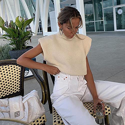 Women Sleeveless Turtleneck Sweater Vest Shoulder Pad Sweater Top Casual Solid Knitted Tank Pullovers （Apricot，M） #TOP4