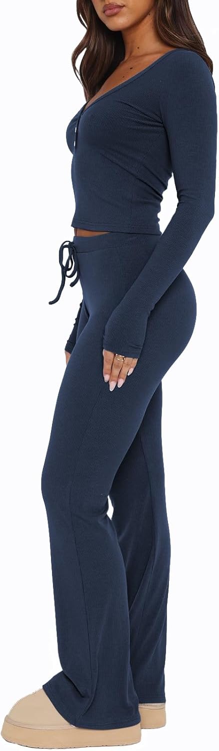 Womens 2 Piece Lounge Sets Long Sleeve Crop Tops V Neck Flare Pants Set Fall Y2k Casual Outfits - Image 2