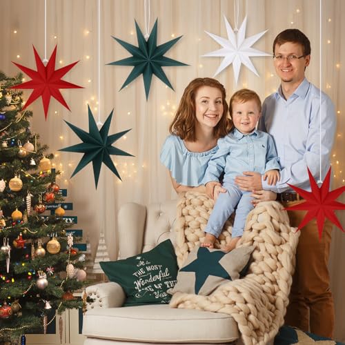 Image of 5 PCS Red Green White Paper Star Lanterns Hanging Stars Christmas Party Decorations Hanging Lampshade Wedding Birthday Home Party Decorations (12 Inch)