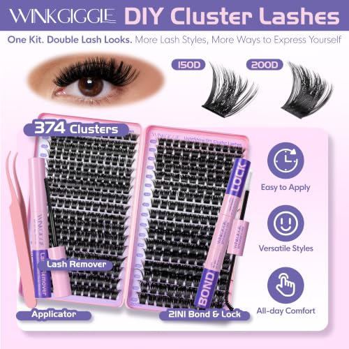 Image of Fluffy Lash Clusters Kit, D Curl Cluster Eyelash Extensions Kit at Home with Bond Seal Tweezers Remover, 150D+200D | 10-18mm | 374Pcs