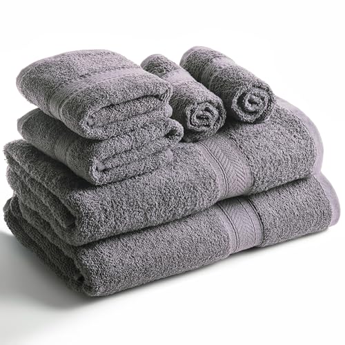 SweetNeedle 6 Piece Towel Set - 2 Bath Towels, 2 Hand Towels and 2 Washcloths Cotton Daily Use Hotel Spa Quality Soft Highly Absorbent Quick Dry Light Weight (Charcoal Grey)