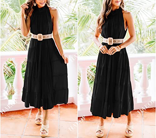 Image of HAEOF Women's Summer Sleeveless Halter Midi Maxi Dress Casual Loose Fit Pleated Tiered Flowy Beach Vacation Long Sundress