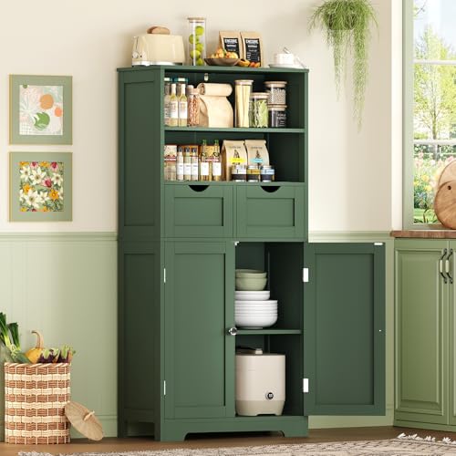 Image of Iwell Bathroom Storage Cabinet with Adjustable Shelf, Storage Cabinet with Doors, Kitchen Pantry Storage Cabinets, Cupboard, for Living Room, Dining Room, Entryway, Green