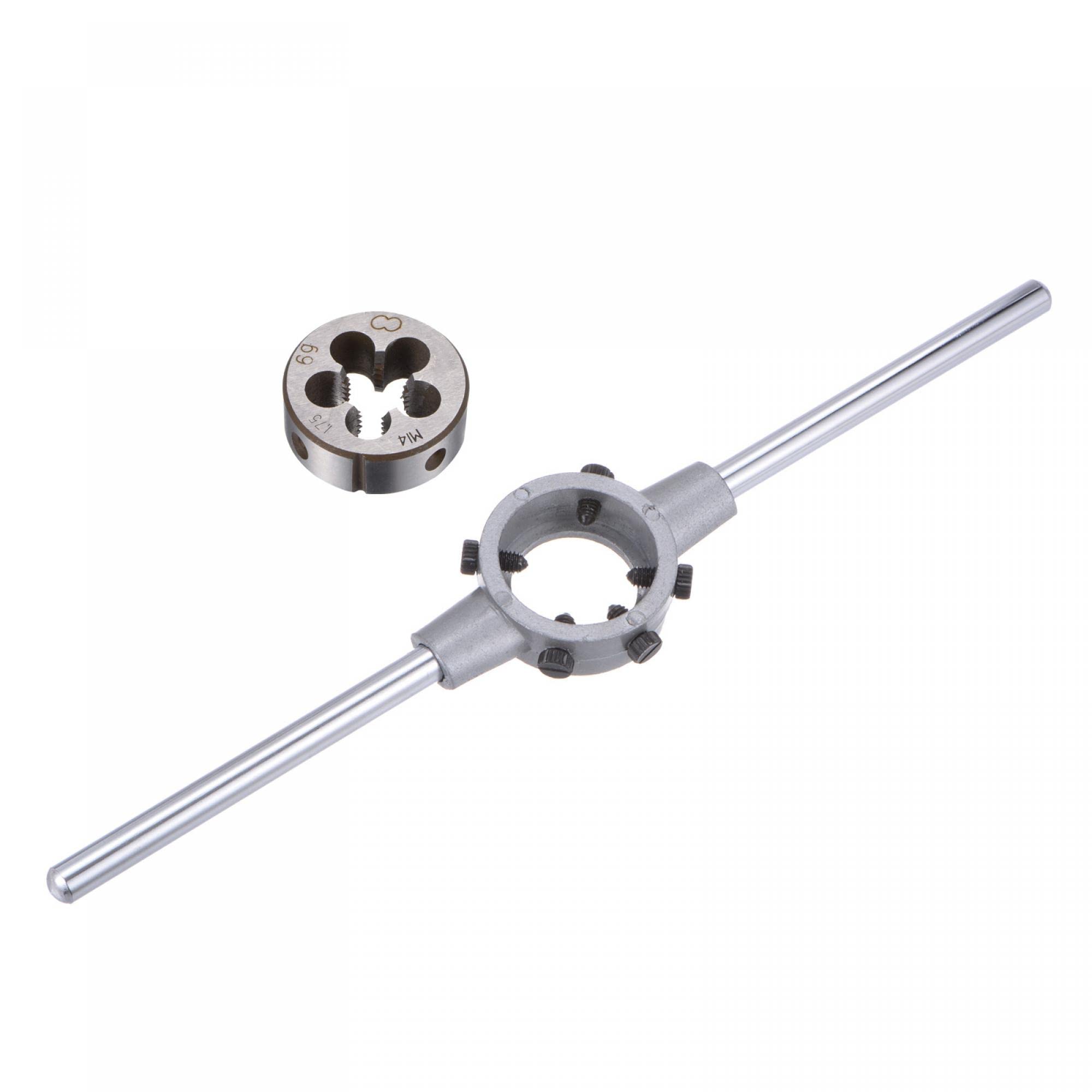 sourcing map Die Stock Handle Wrench Set, M14 x 1.75 Threading Round Die and 38mm (Fit M12-M16 Dies) Holder Adjustable Wrench Hand Tool