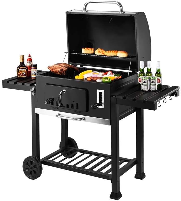 – XXL Charcoal BBQ Grill with Cover - Includes two Foldable side tables Charcoal BBQ – Barbecue with Warming Rack, Adjustable Height, Temperature Gauge, Ash Tray, Storage Shelf, Wheels