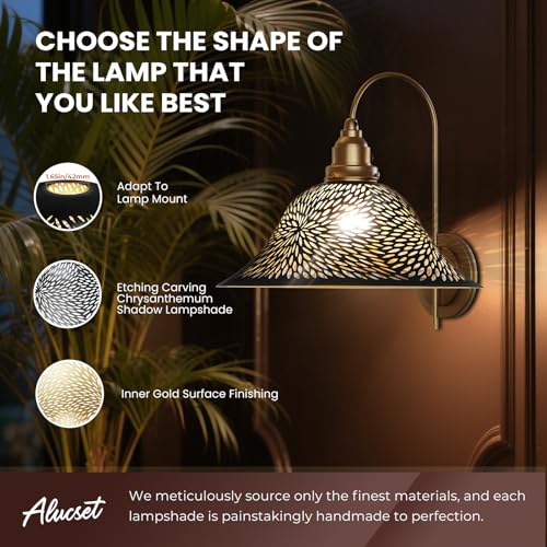 Image of Floor Lamp Shade Replacement for Floor Lamp Shade - ALUCSET Ceiling Fan Replacement Globes 12.2xH4.9 inch Inches Fitting Opening 1.65 inch Etching Small Chrysanthemum Metal Lamp Shade (Black Gold)