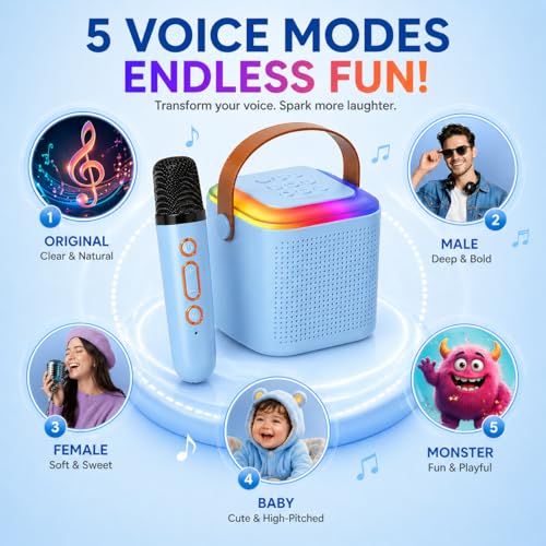 Image of One94Store Portable Bluetooth Speaker 10W with Wireless Karaoke Mic, Bluetooth 5.1, 8H Playtime, 5 Voice Change Effects, RGB LED Lights, TF Card Support, Type-C Charging, Mini Wireless Speaker - Blue