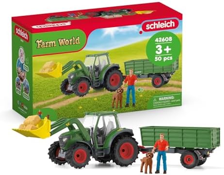 Schleich Farm World | Traktor mit Anhänger 42608 | ab 3 Jahre | 50 Teile | Set inkl. Traktor mit beweglichem Frontlader, beweglicher Figur Bauer Paul, Hund & Zubehör | Geschenk für