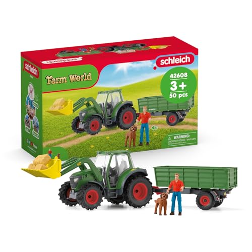 SCHLEICH Farm World | Traktor mit Anhänger 42608 | Set inkl. Traktor mit beweglichem Frontlader, beweglicher Figur Bauer Paul, Hund & Zubehör | Geschenk für Kinder | Spielzeug ab 3 Jahre | 50 Teile
