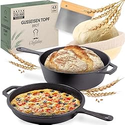 Olla Hierro Fundicion Olla de hierro fundido 26CM cesto de frementación - compatible con inducción - Asador 2 en 1 de hierro fundido 3L con sartén 1,5L - olla de hierro fundido para hornear pan - olla para asar