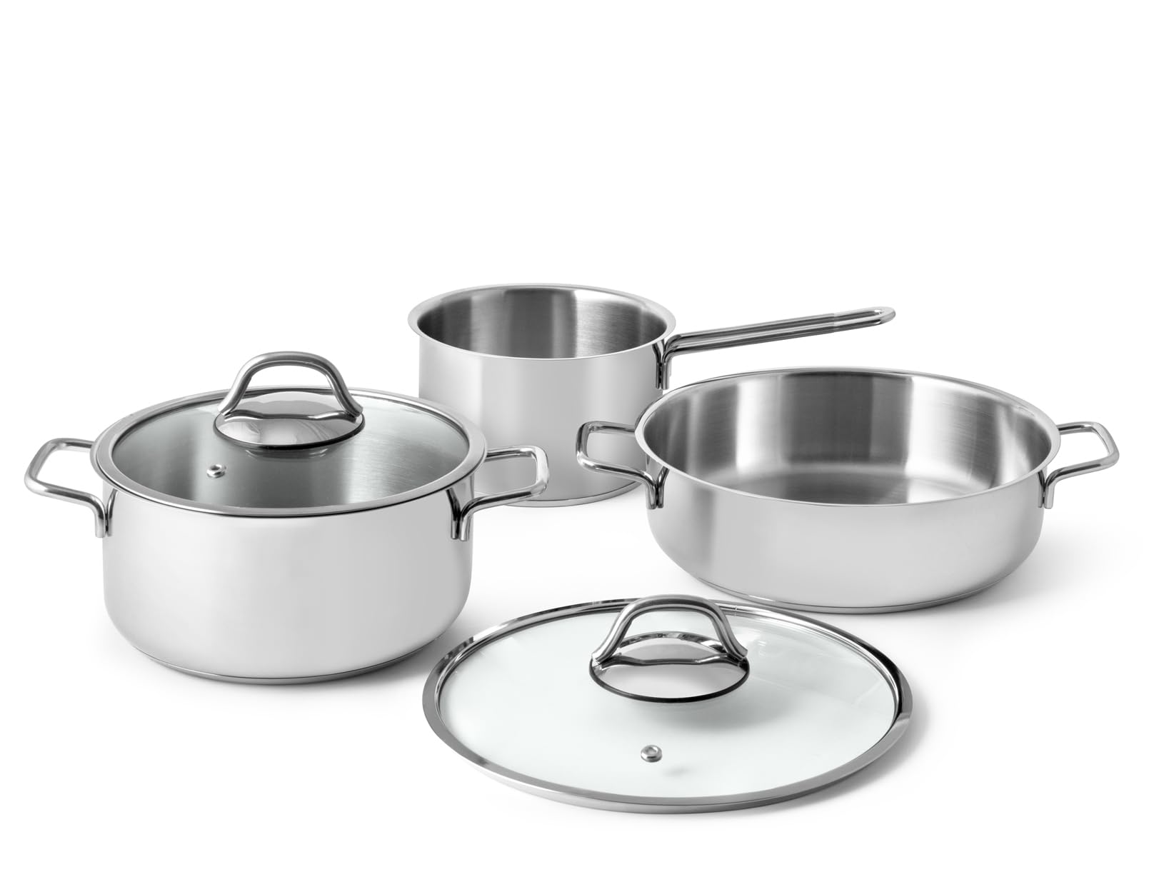 Batteria 5 Pezzi Inoxplus in Acciaio Inox 18/10, Triplo Fondo per Tutti i Piani Cottura Inclusa Induzione, con Coperchi in Vetro – Elegante e Resistente