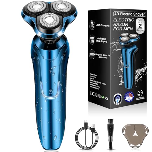 Image of Electric Razor for Men, Cordless Rotary Electric Shaver, Rechargeable Wet & Dry Waterproof Floating Head Shaver, 4D Face Shaving Grooming Tool, Travel Shaving Kit, Ideal Gift for Men（Blue