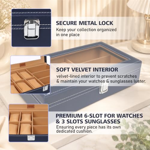 Image of LEDO Watch Box Organizer with 6 Watch Slots and 3 Sunglasses Slots, Blue and Cream, PU Leather, Rectangular, Metal Clasp Lock, Transparent Display Window