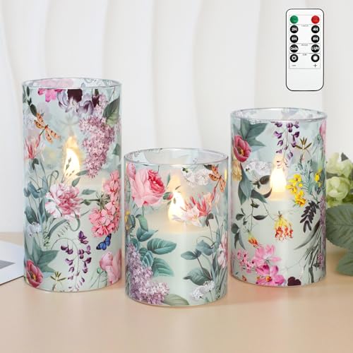Image of Floral Flameless Candles with Remote Timer, Pink Rose and Lilac Pattern LED Glass Candles, Battery Operated for Home Party Wedding Christmas Spring Valentine's Day Decor, Set of 3