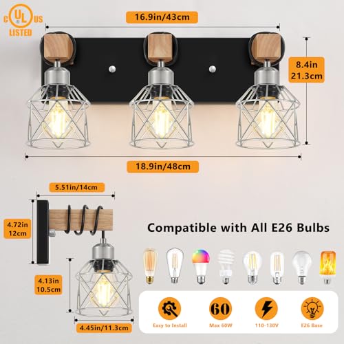 Image of FadimiKoo 3-Light Wood Bathroom Light Fixtures Over Mirror, Rustic Black Silver Famhourse Sconces Wall Decor with Elegant Metal Lampshade for Living Room, Bedroom, Porch