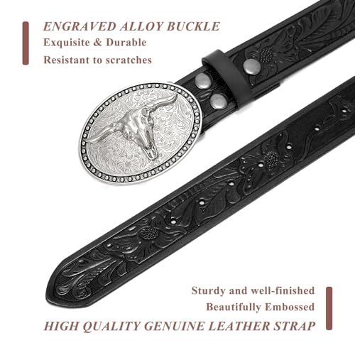 Image of VONMELLI Western Belt for Men Women, Embossed Leather with Bull Buckle