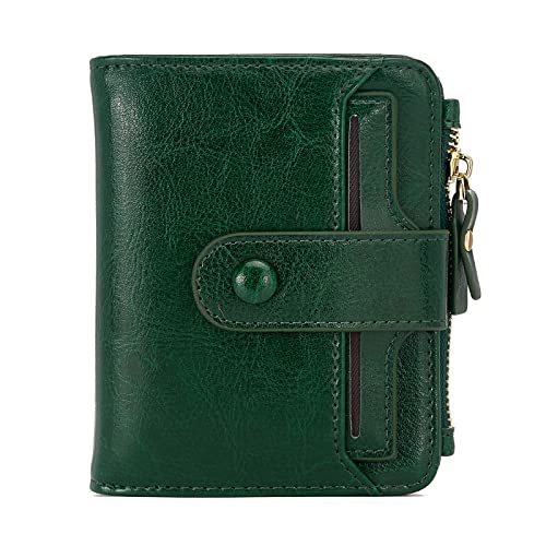 Image of Women's RFID Mini Soft Leather Bifold Wallet With ID Window Card Sleeve Coin Purse, Waxed Green, Modern