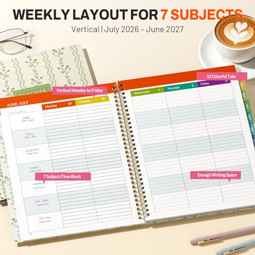 SUNEE Teacher Planner 2026-2027 Academic Year, 7 Periods Lesson Plan Book Jul 2026 - Jun 2027, 8.5"x11" Daily Weekly Monthly Organizers Vertical Layout with Bookmark, Waterproof Cover, Floral Stripes - Image 2