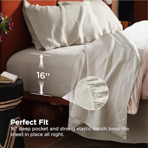Bedsure Linen Sheets - Queen Size Bed, Blend from Linen Cotton Bedsheets, Breathable Cotton Bedsheets, Gifts for All Seasons, 4 Pieces, Linen - Thumbnail 2