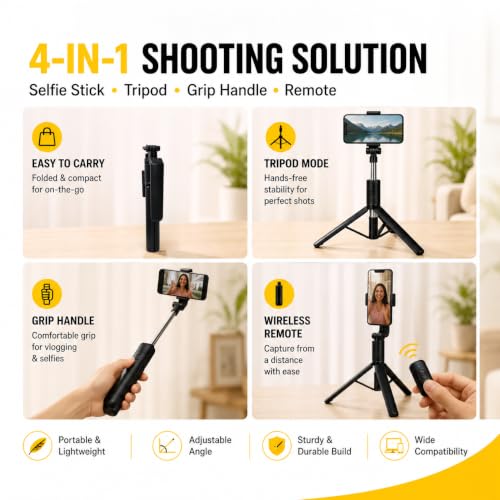 Image of 3-in-1 Selfie Stick, Extendable Phone Tripod Stand, Grip Handle, 360 Adjustable Phone Holder for iPhone & Android with Remote, Vlogging, Travel & Video Calls R16 BY UNBREAKcable