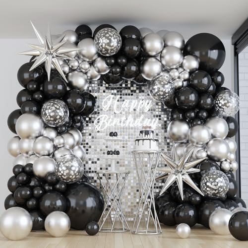 Image of Black and Silver Balloon Garland Arch Kit with 3pcs Star Balloons, Silver and Black Balloon Confetti Latex Balloons for Birthday Wedding Graduation Baby Shower Disco Anniversary Party Decorations