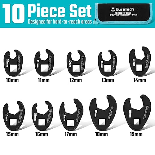 Image of DURATECH 10-Piece 3 /8 inch Drive Crowfoot Wrench Set, Flare Nut Wrench Set, Metric, Size Covers 10-19mm, CR-V Steel, with Zipper Bag