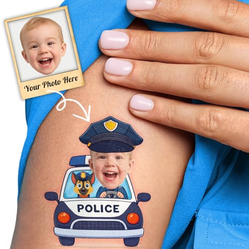 Image of Custom Police Temporary Tattoos for Kids | Personalized Pre-Cut Face Photo, Birthday Party Favors for Boys, Police Lovers, Set of 20