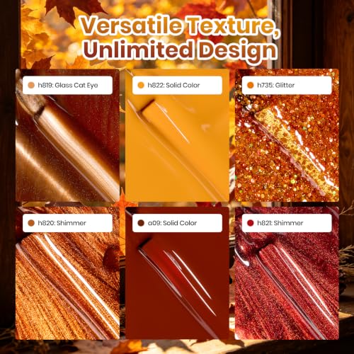 Image of Beetles Fall Gel Polish Set, 6 Colors Brown Gold Red, UV LED | 6 warm fall shades with gold shimmer, glitter, brown, red and mustard yellow tones.