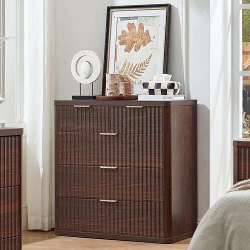 Image of LEYAOYAO Fluted 5 Drawers Dresser for Bedroom Set of 2, 34 inch Tall Modern Chest of Drawers with Metal Handle, Curved Profile Design,Wood Drawer Organizer for Bedroom, Living Room, Hallway,Walnut