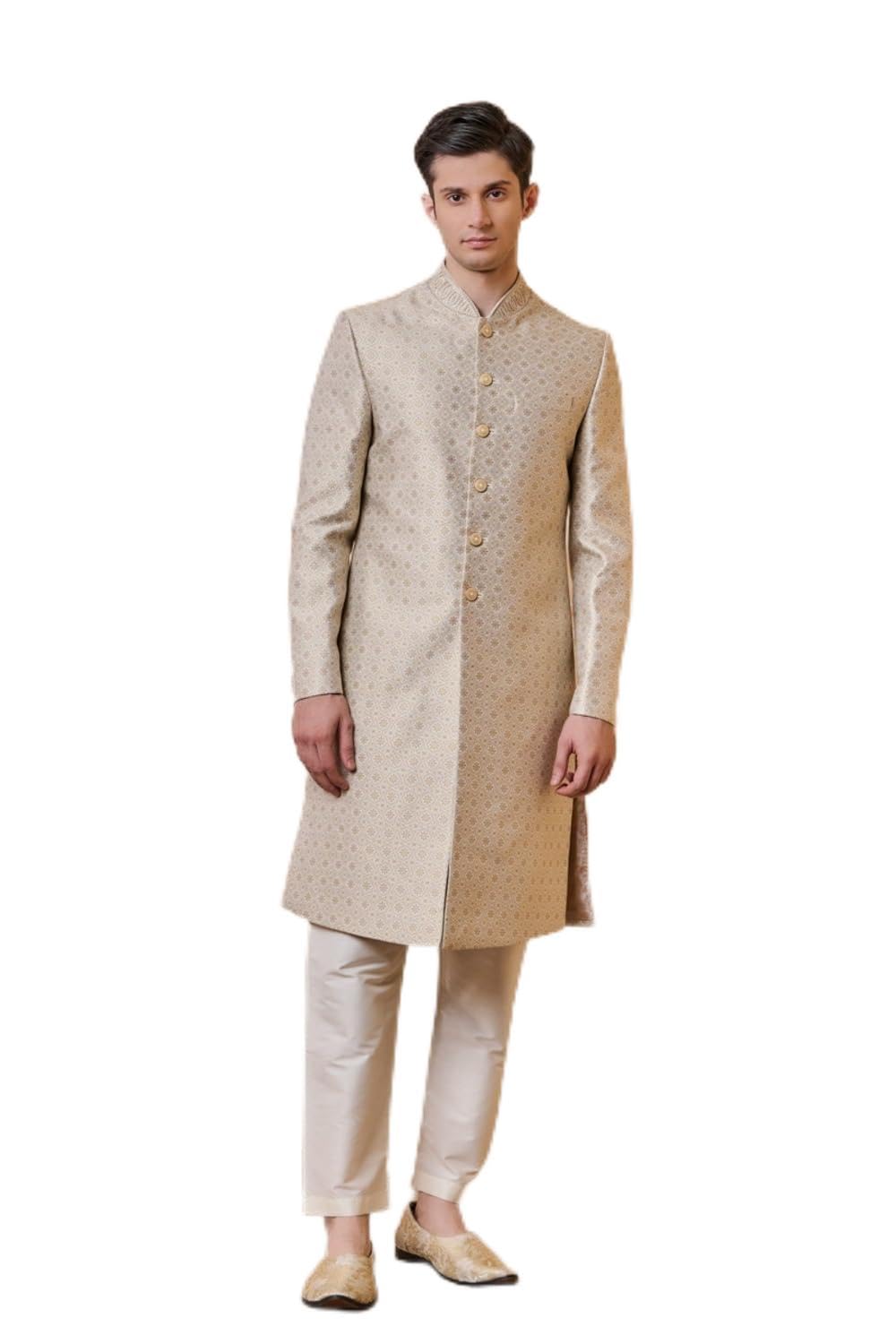 tasva Ivory Brocade Sherwani With Embroidered Collar For Men-picture-30