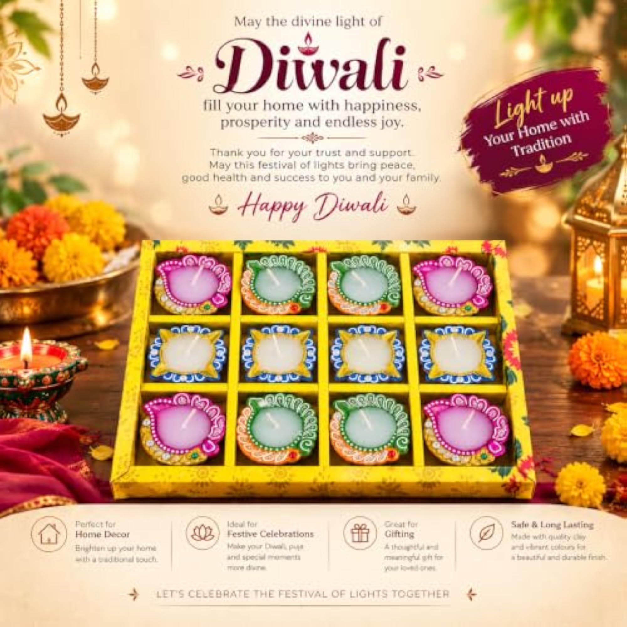 12-Piece Handcrafted Decorative Wax Diyas