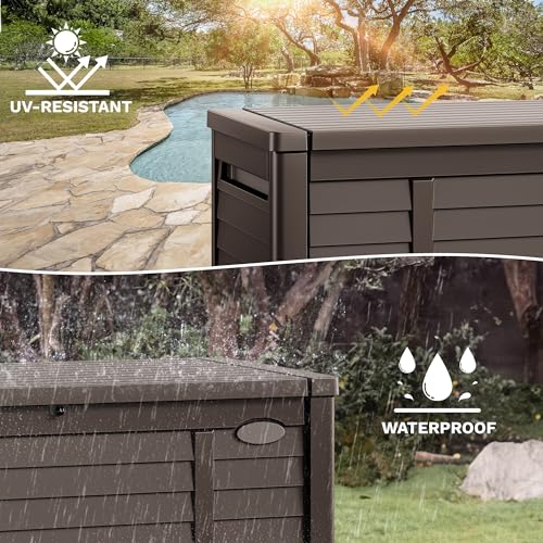 image for DWVO 120 Gallon Louvered Outdoor Storage Box, Lockable Resin Deck Box 