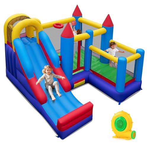 COSTWAY Château Gonflable avec Toboggan et Souffleur 680W, Aire de Jeux Gonflable avec Maison de Saut et Panier de Basket, Mur d'escalade, Intérieur Extérieur...