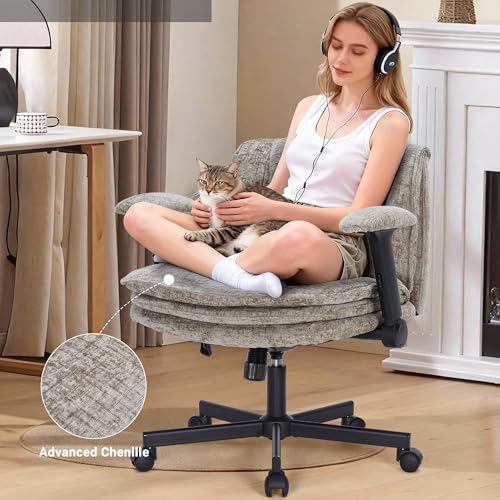Image of Criss Cross Chair with Wheels, Upholstered Cross Legged Office Chair | Flip Arms, 3 Layer Cushions&Dynamic Airbag Lumbar Support, Wide Seat, Comfy Desk Chair for Home Office, Living Room