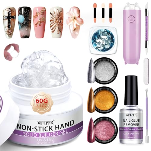 XIFEPFR Kit Gel de Construction Ongle et Dissolvant de Colle pour Ongles, Non Collant, Gél Clair 3D, Lampe UV pour Gravure 3D d'Ongles, Embossage et Extension Rapide, Poudre Chrome à Paillettes